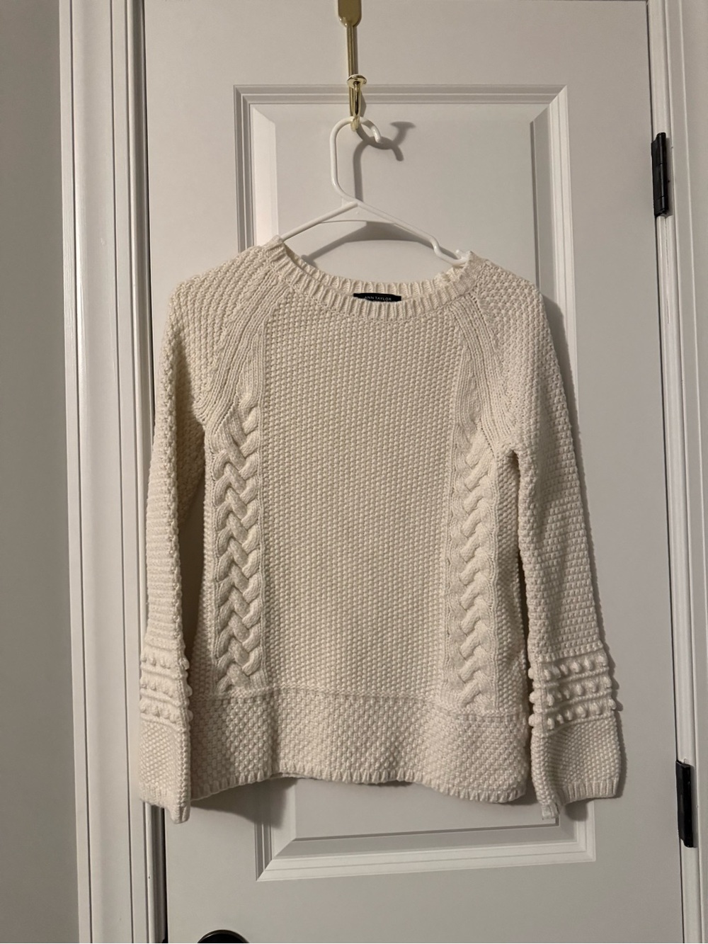 Ann Taylor Cream Cable-Knit Crewneck Sweater